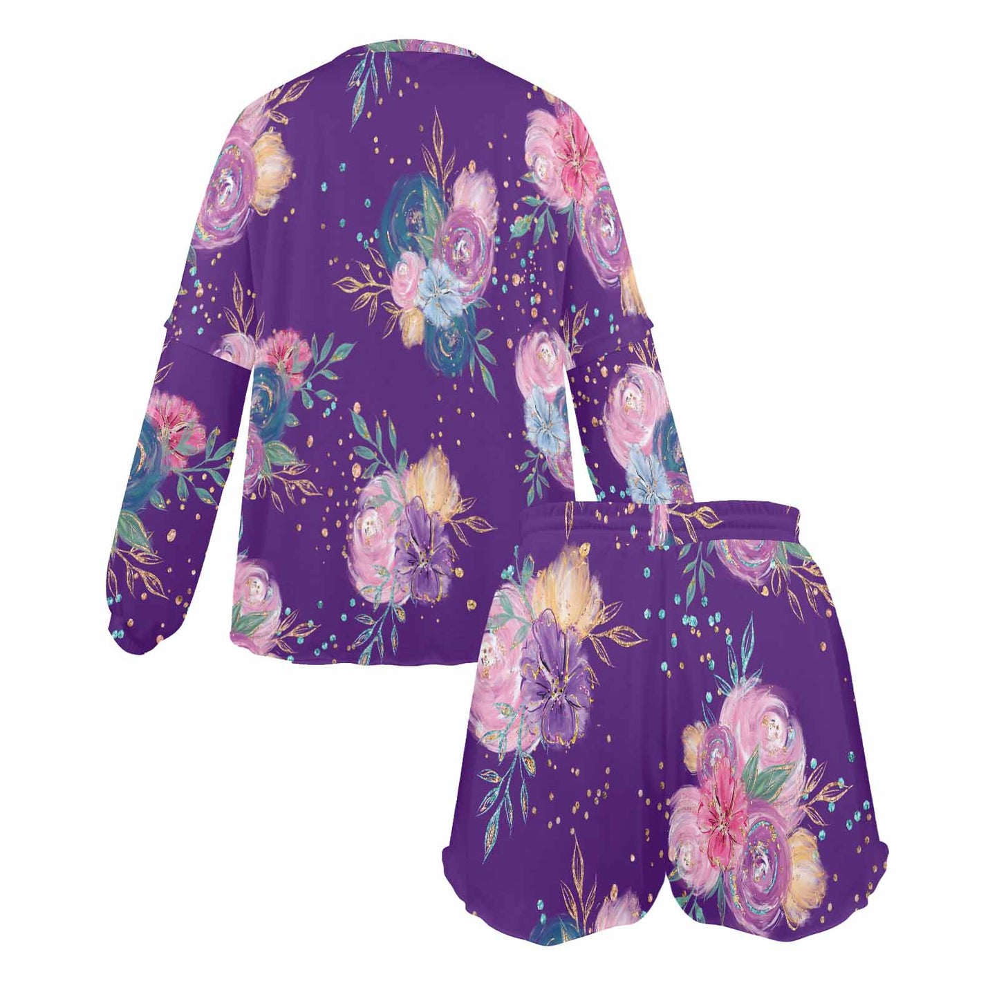 Purple Floral Women's Long Sleeve Pajama Set with Shorts