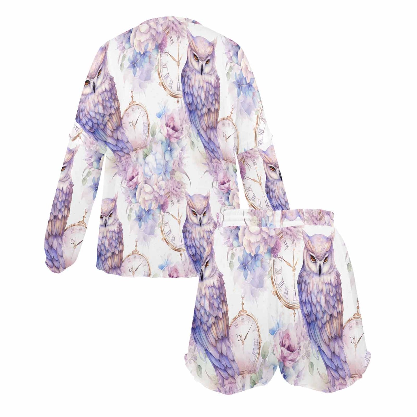 Pastel Owls Women's Long Sleeve Pajama Set with Shorts