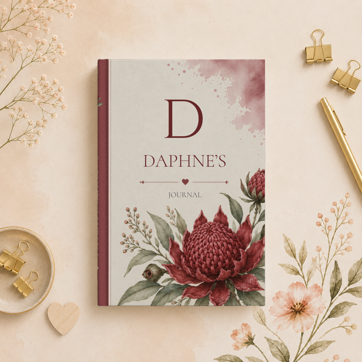 Custom Australia Waratah Floral Journal, Personalized Matte Hardcover Notebook, Botanical Diary with Lined Pages, Gift for Writers, Artistic Stationery