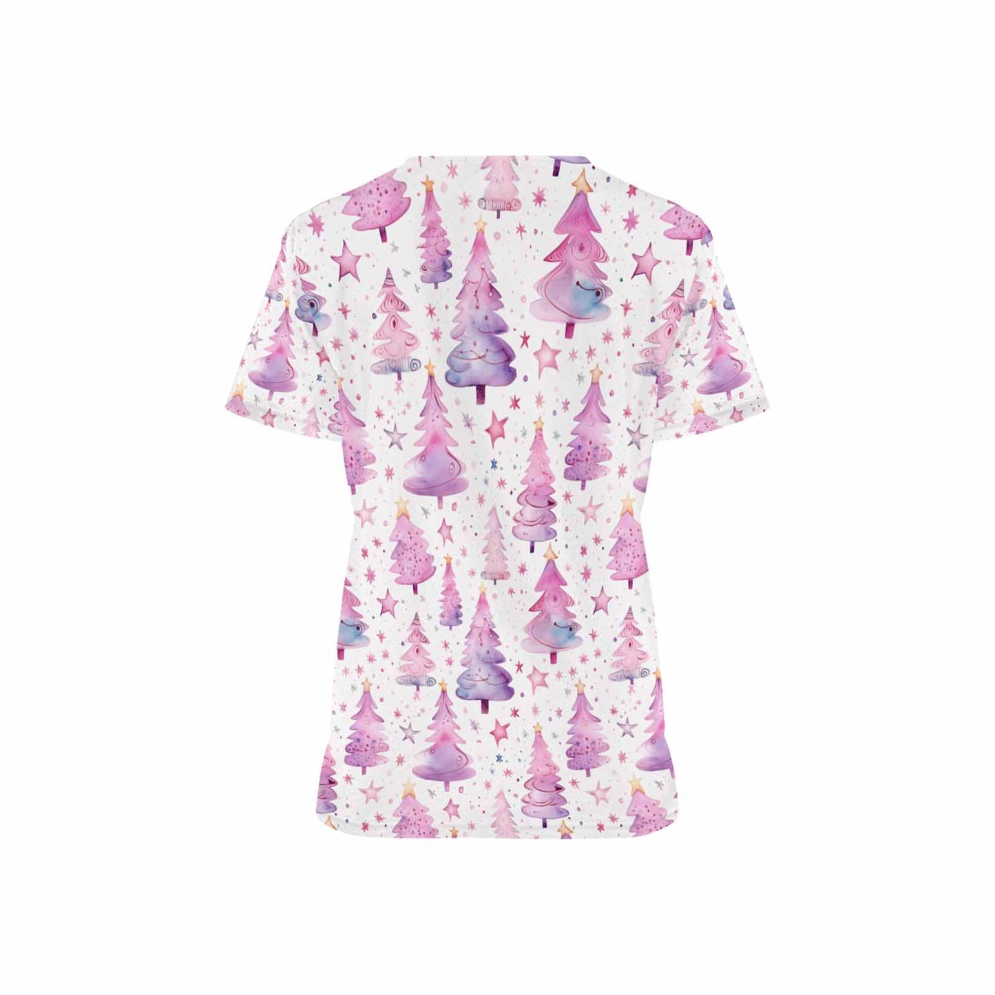 Pink Christmas Women's V Neck Scrub Top Nurse Uniform with Deep Front Pockets