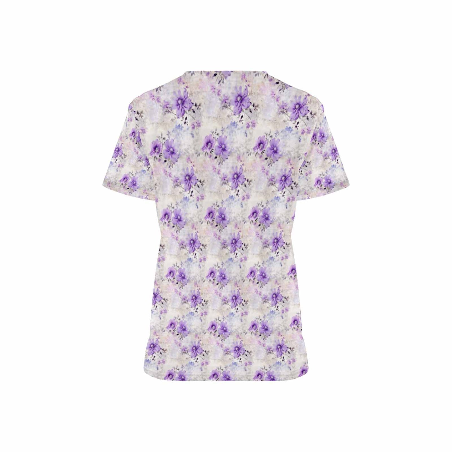 Purple Floral Women's V Neck Scrub Top Nurse Uniform with Deep Front Pockets