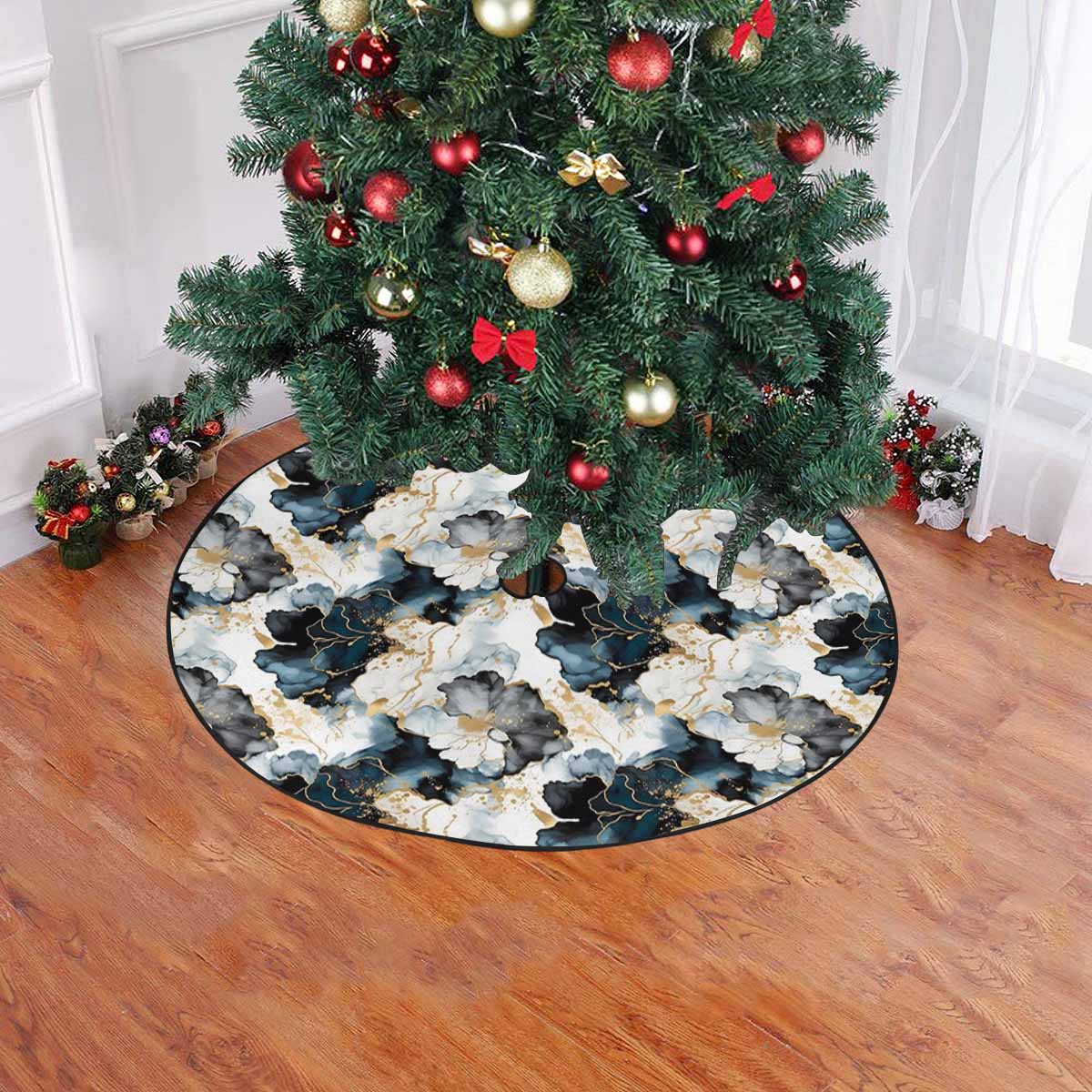 Black Ink Floral Christmas Tree Skirt