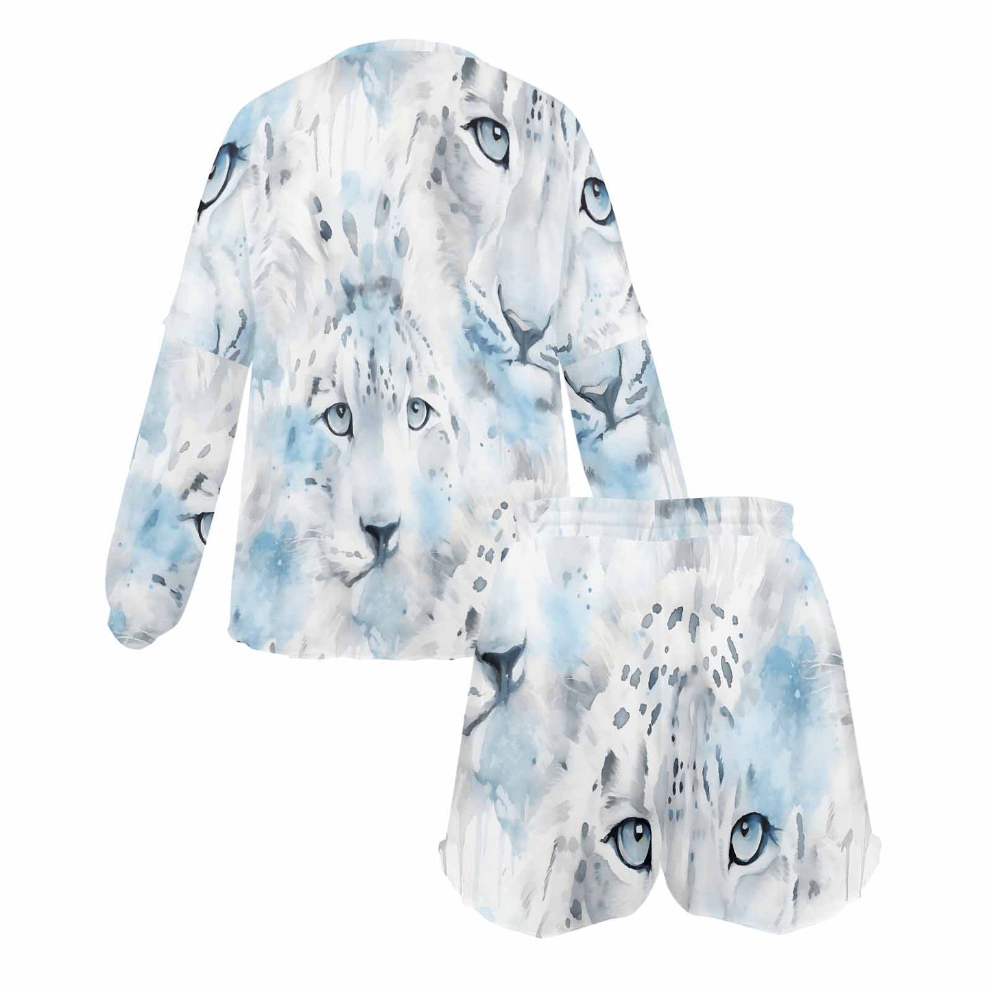 White Leopard Women's Long Sleeve Pajama Set with Shorts