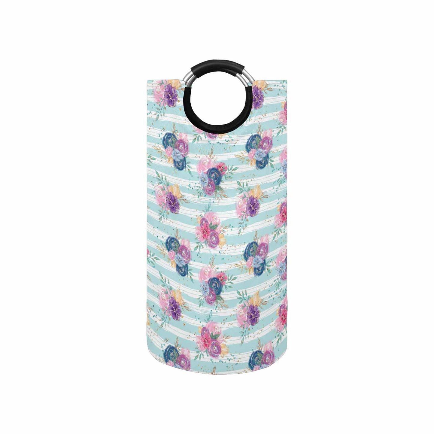 Purple and Pink floral Blue Stripes Round Laundry Basket
