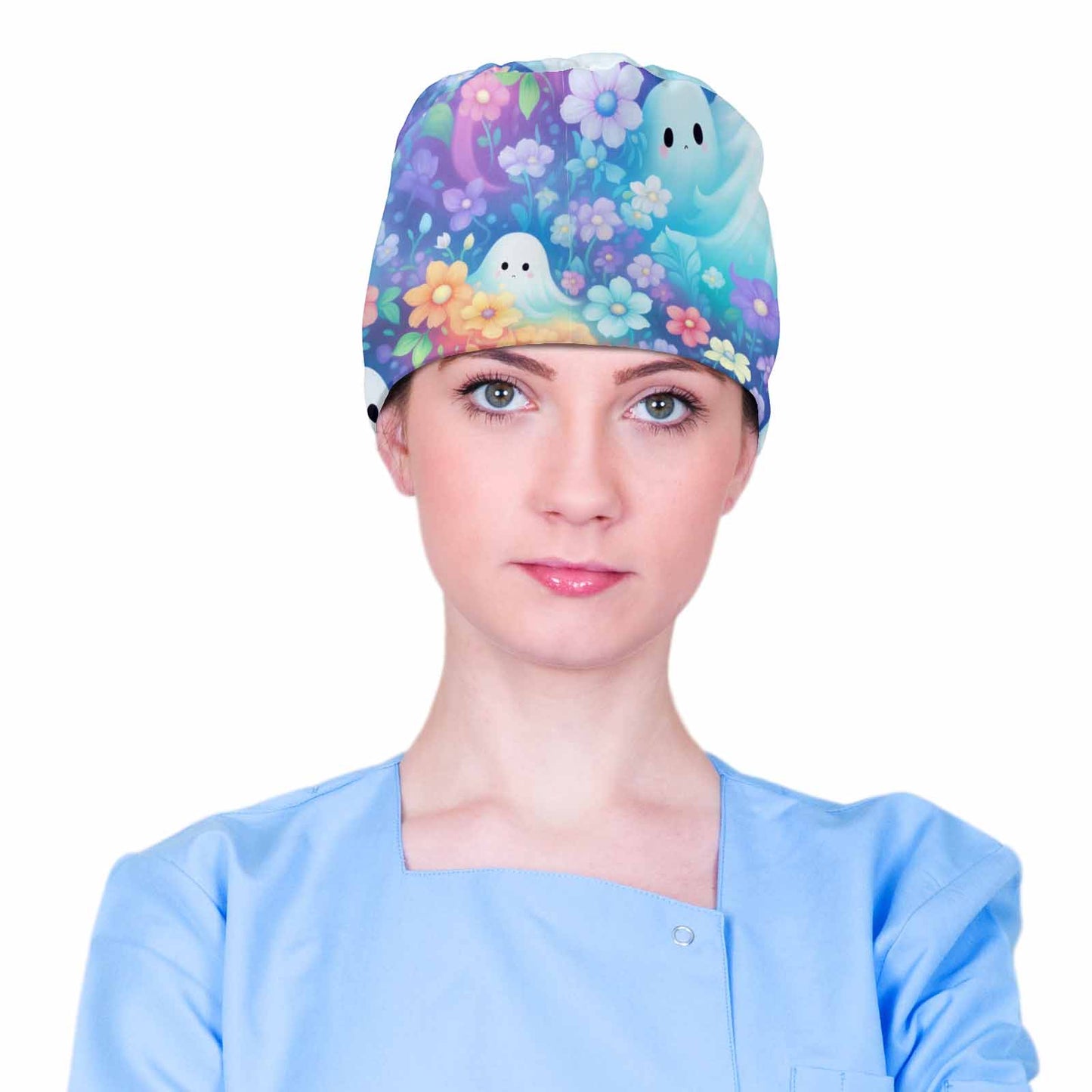 Pastel Floral Halloween Ghosts Scrub Cap