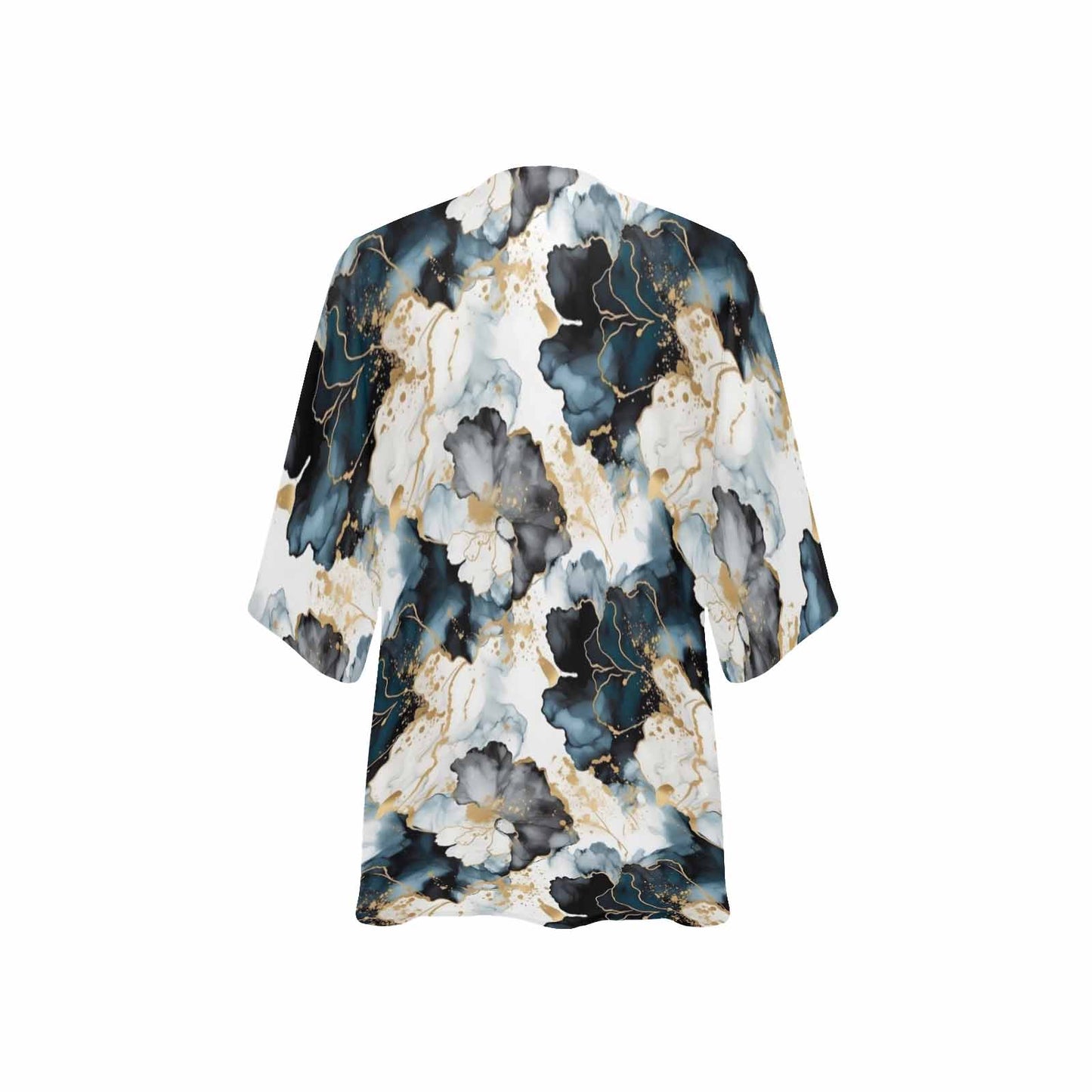 Black Ink Floral Women's Kimono Chiffon Cover Up