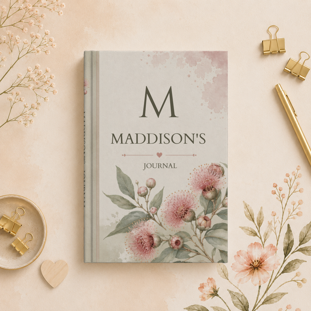 Personalized Hardcover Journal, Australian Bush Gum Blossom Floral Custom Notebook, Gift for Writers, Unique Matte Cover Diary, Botanical Print