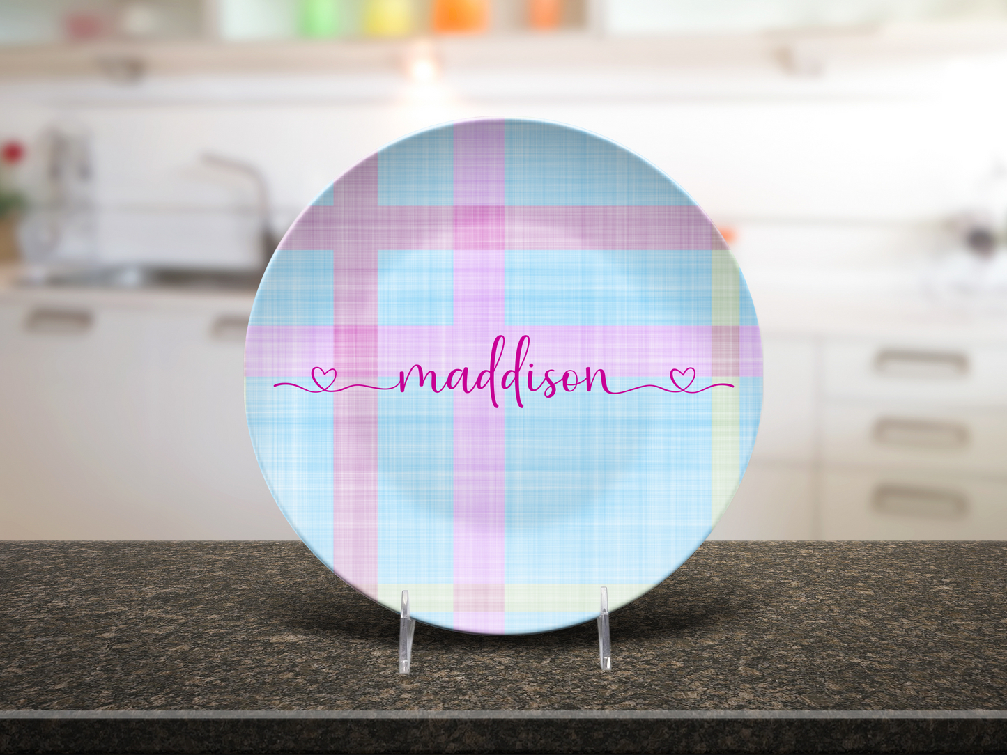Pastel Plaid Pink and Blue Personalised Plate