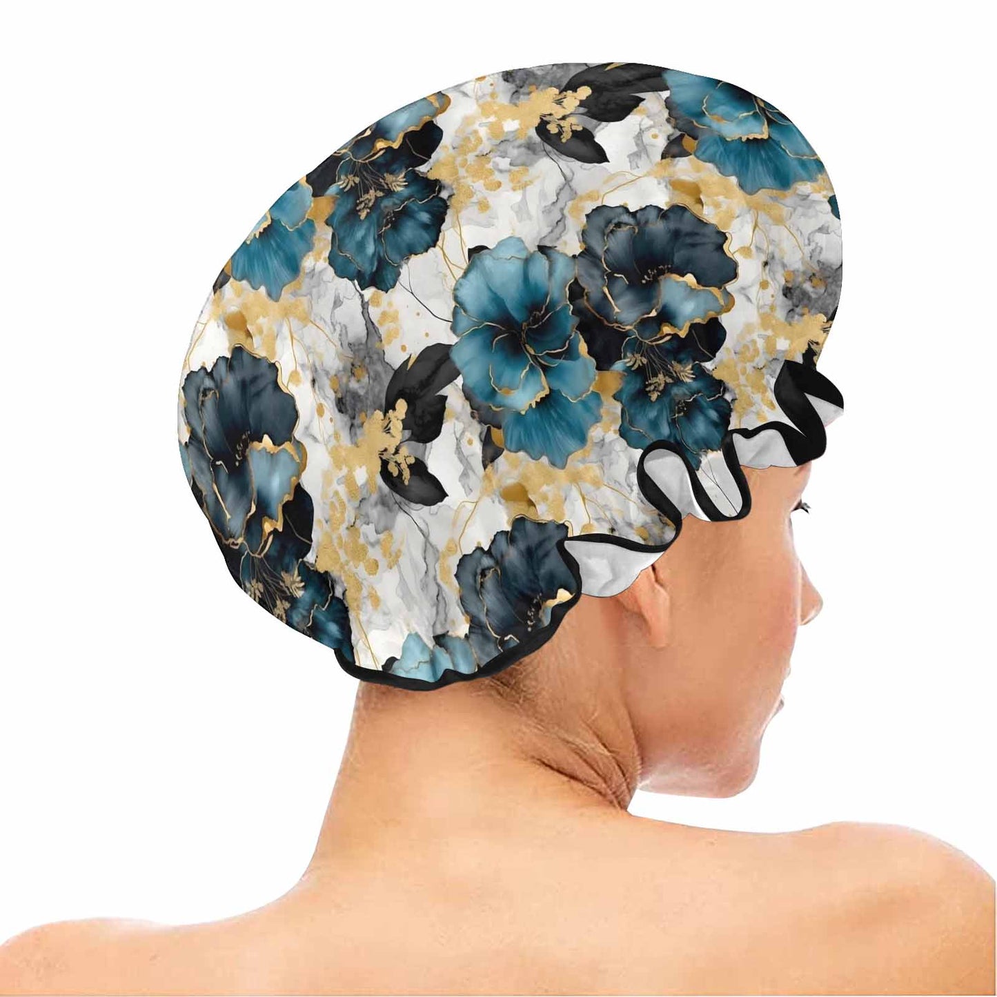 Blue & Gold Ink Floral Shower Cap
