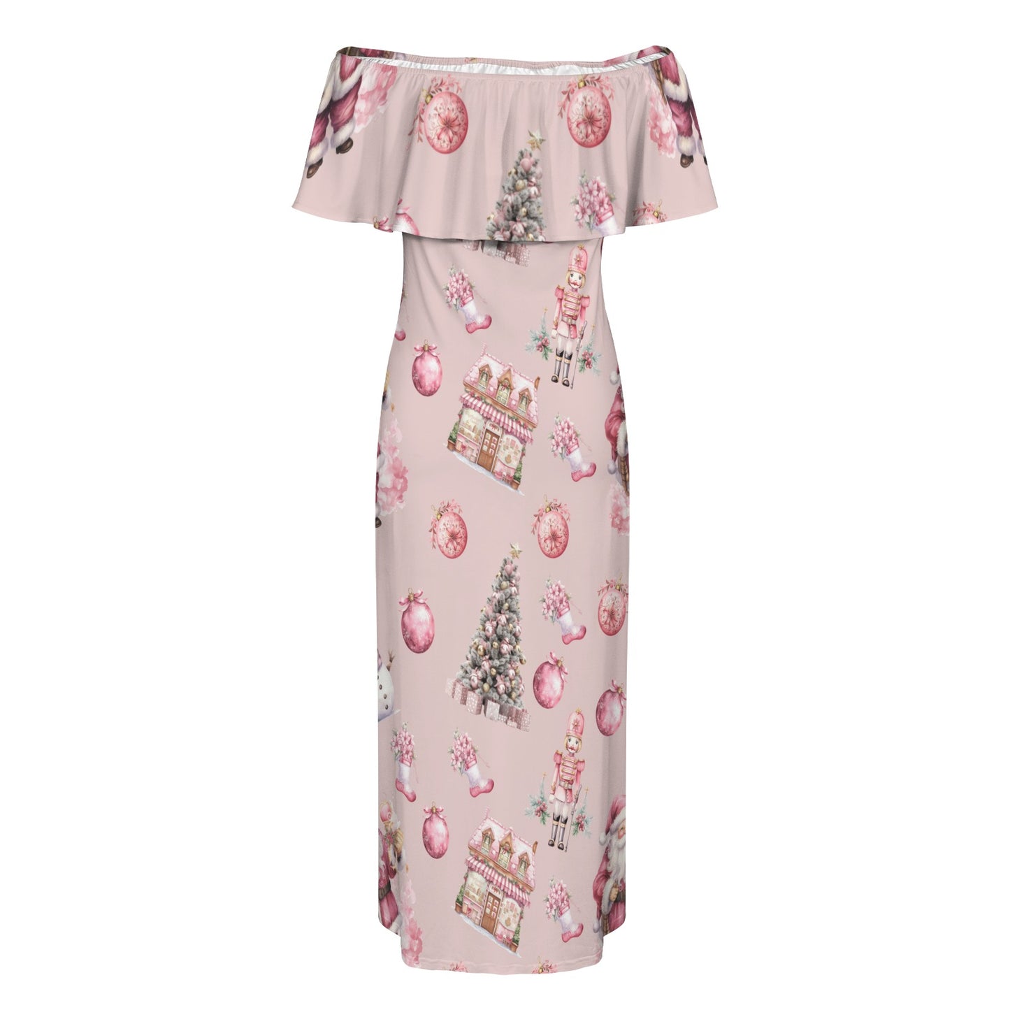 Pink Chirstmas Santa Women's Off Shoulder Ruffle Boat Neck Dress (Model D71)