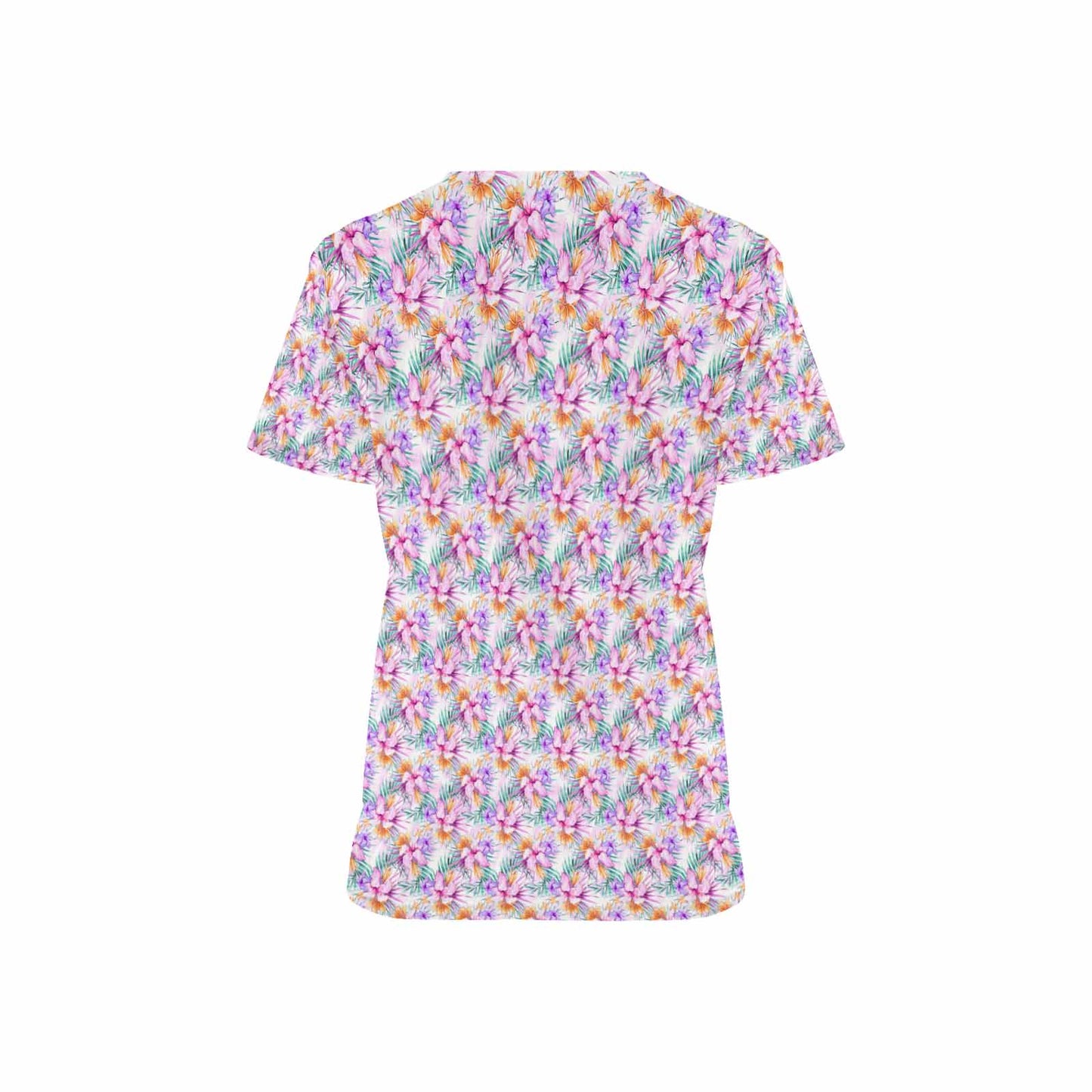 Purple Hibiscus and Leaves Women's V Neck Scrub Top Nurse Uniform with Deep Front Pockets