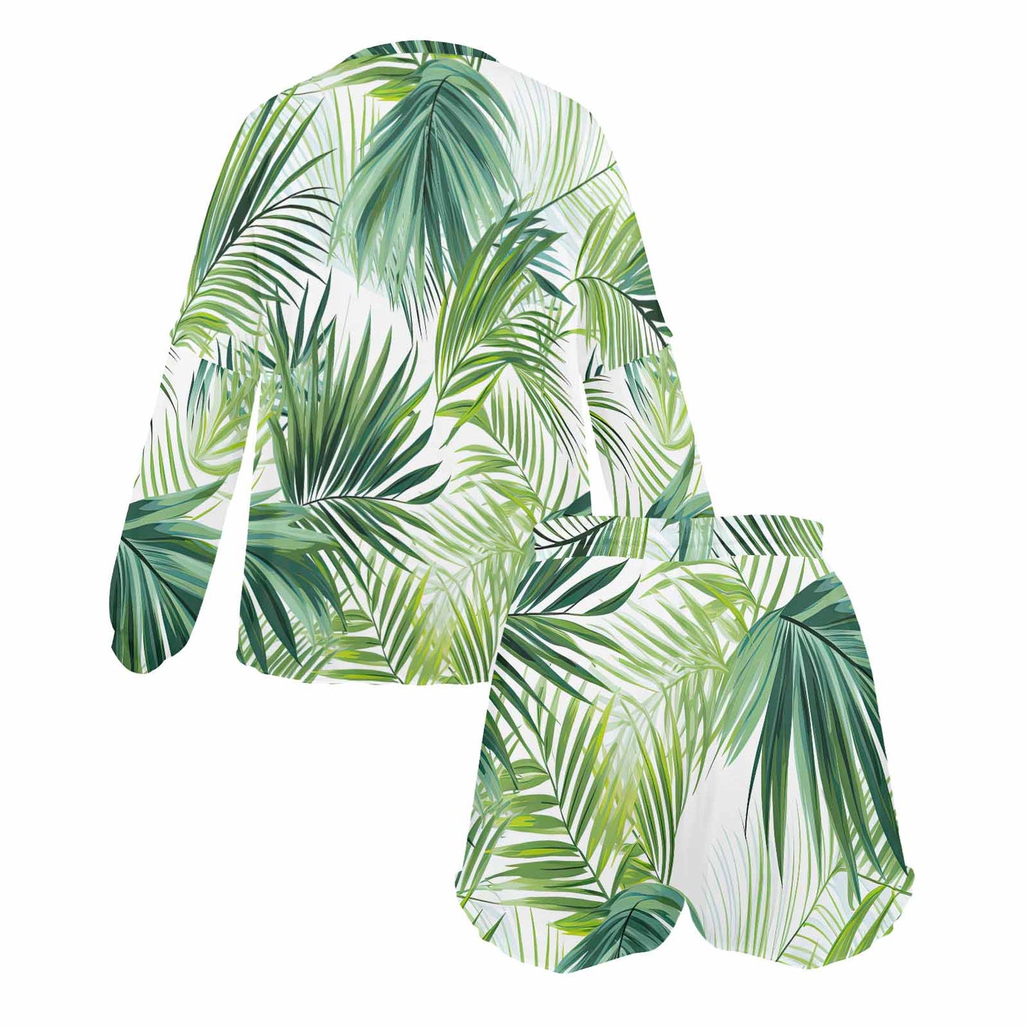 Green Palm Leaves Women's Long Sleeve Pajama Set with Shorts