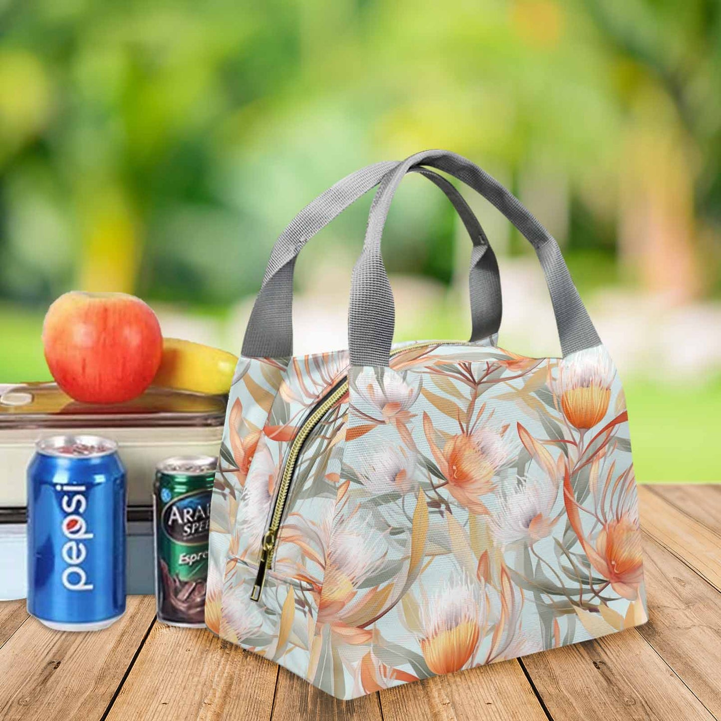 Australian Floral Green Portable Lunch Bag-Grey Handle