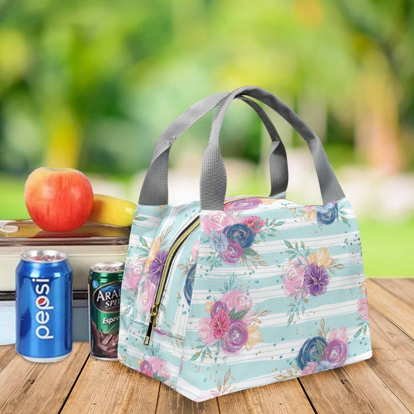 Purple and Pink floral Blue Stripes Portable Lunch Bag-Grey Handle