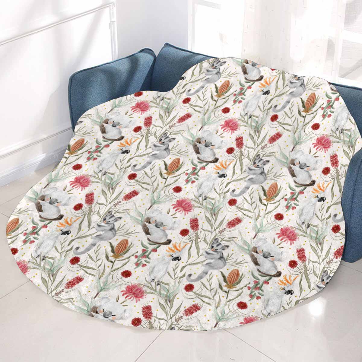 Australian Animals, Koala Cockatoo and Sugar Glider Circular Micro Fleece Blanket 47"