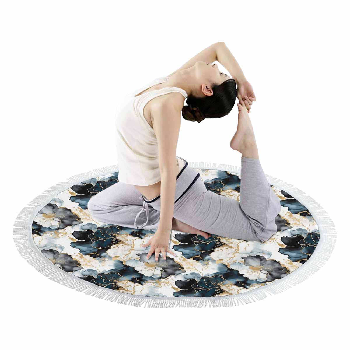 Black Ink Floral Circular Beach Towel Shawl 59"