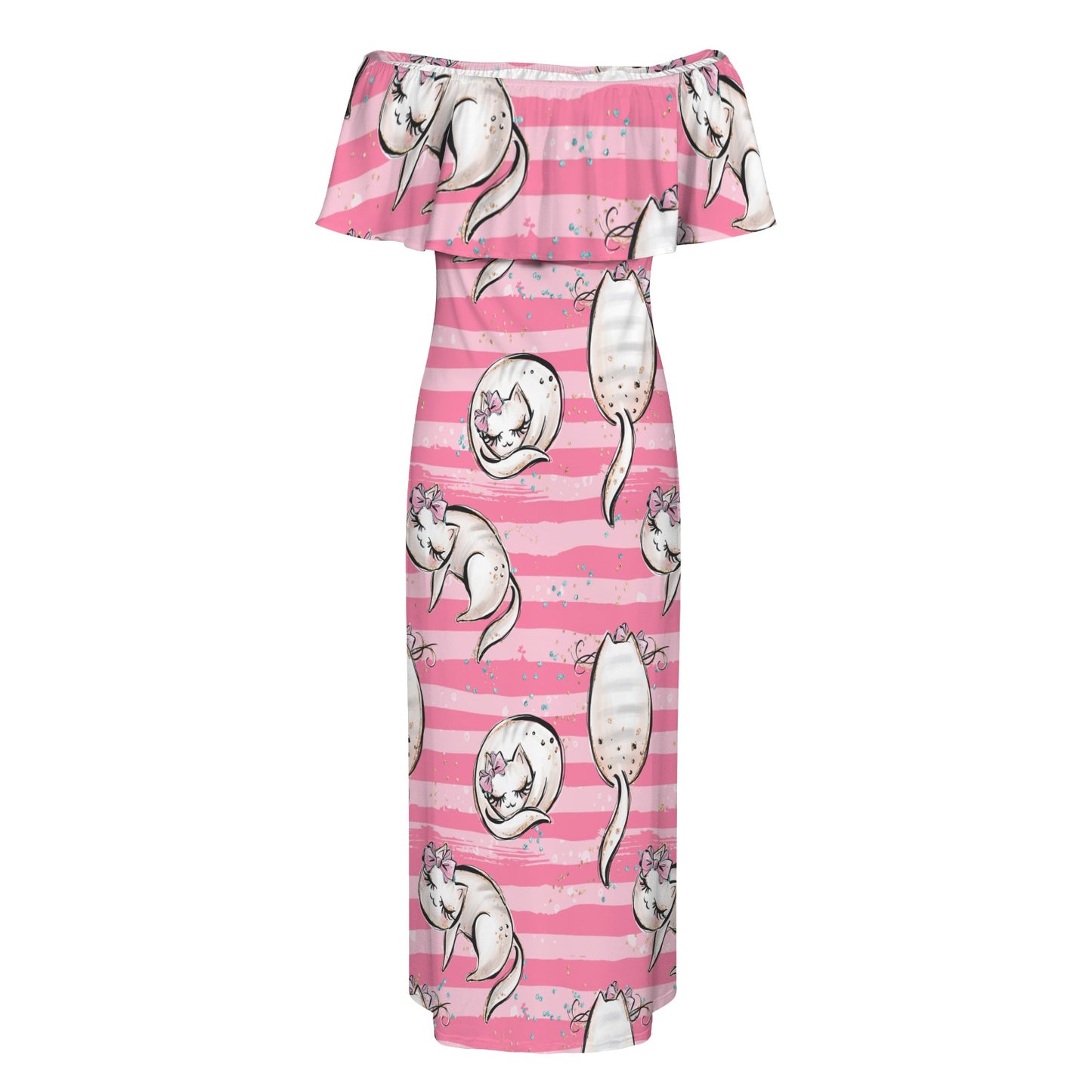 Pink Cats Women's Off Shoulder Ruffle Boat Neck Dress (Model D71)