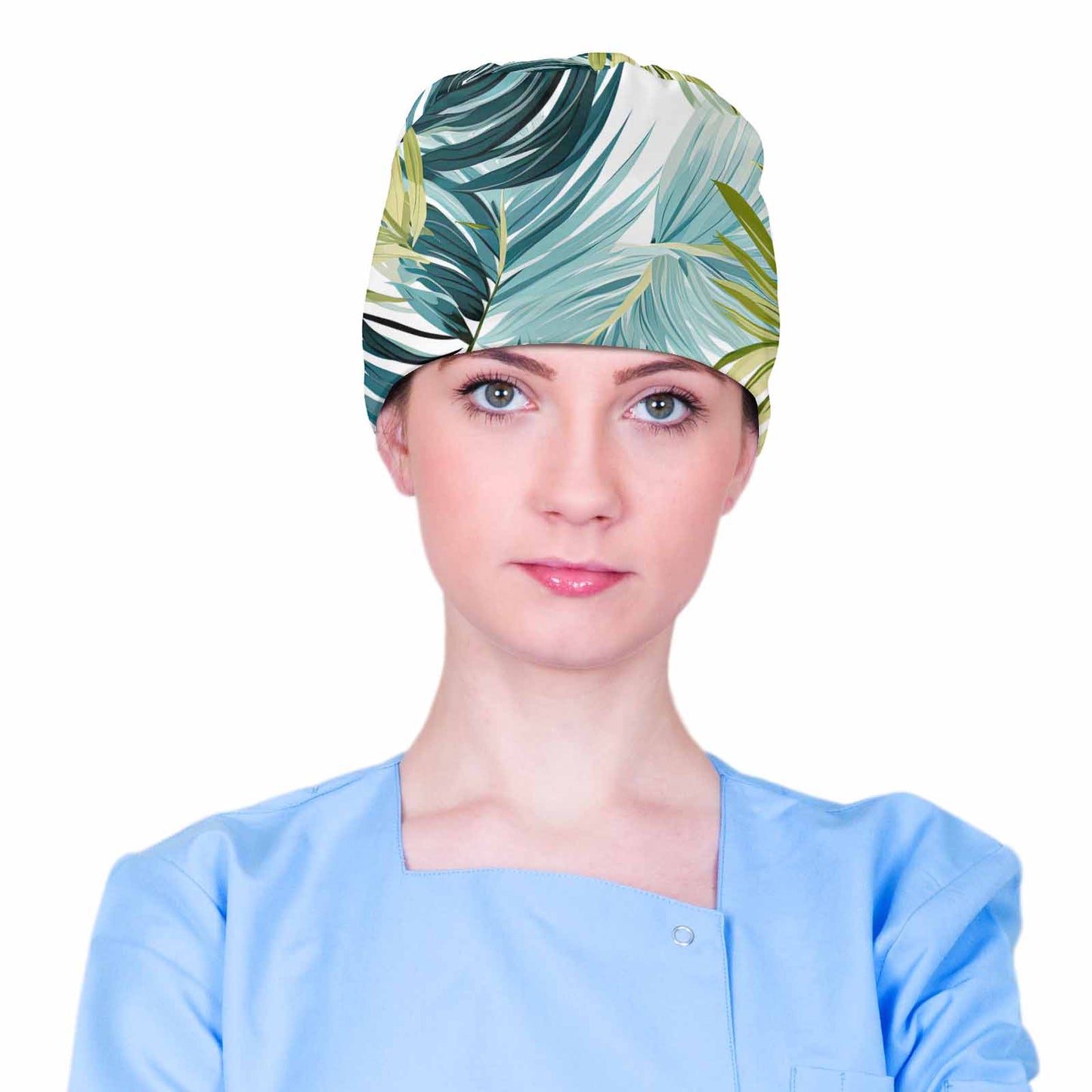 Tropical Palm Leaves Blue and Green Scrub Cap