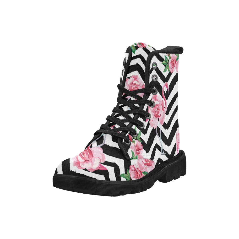 Martin Boots for Women beautiful tropic pink flamingo and rose flowers (Black)