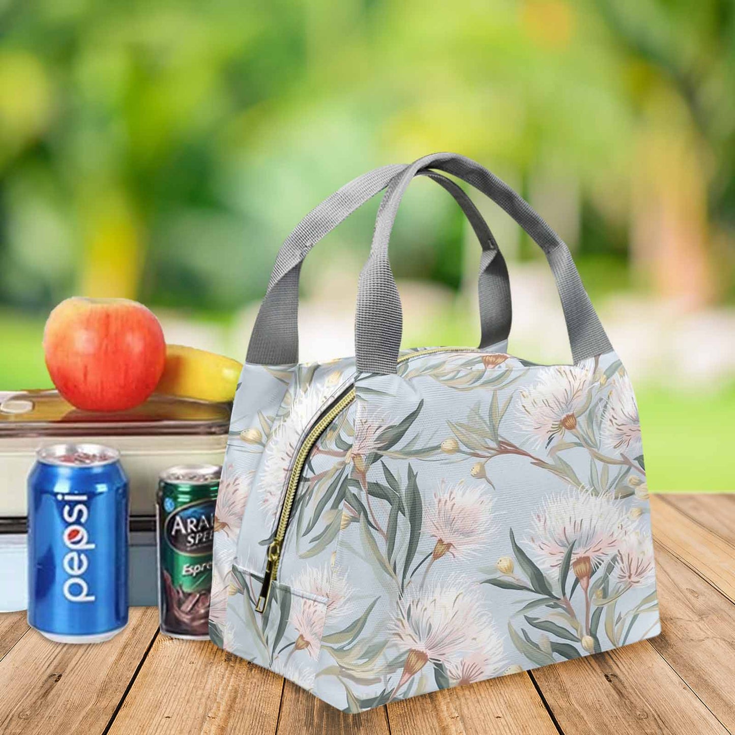 Australian Floral Blue Portable Lunch Bag-Grey Handle