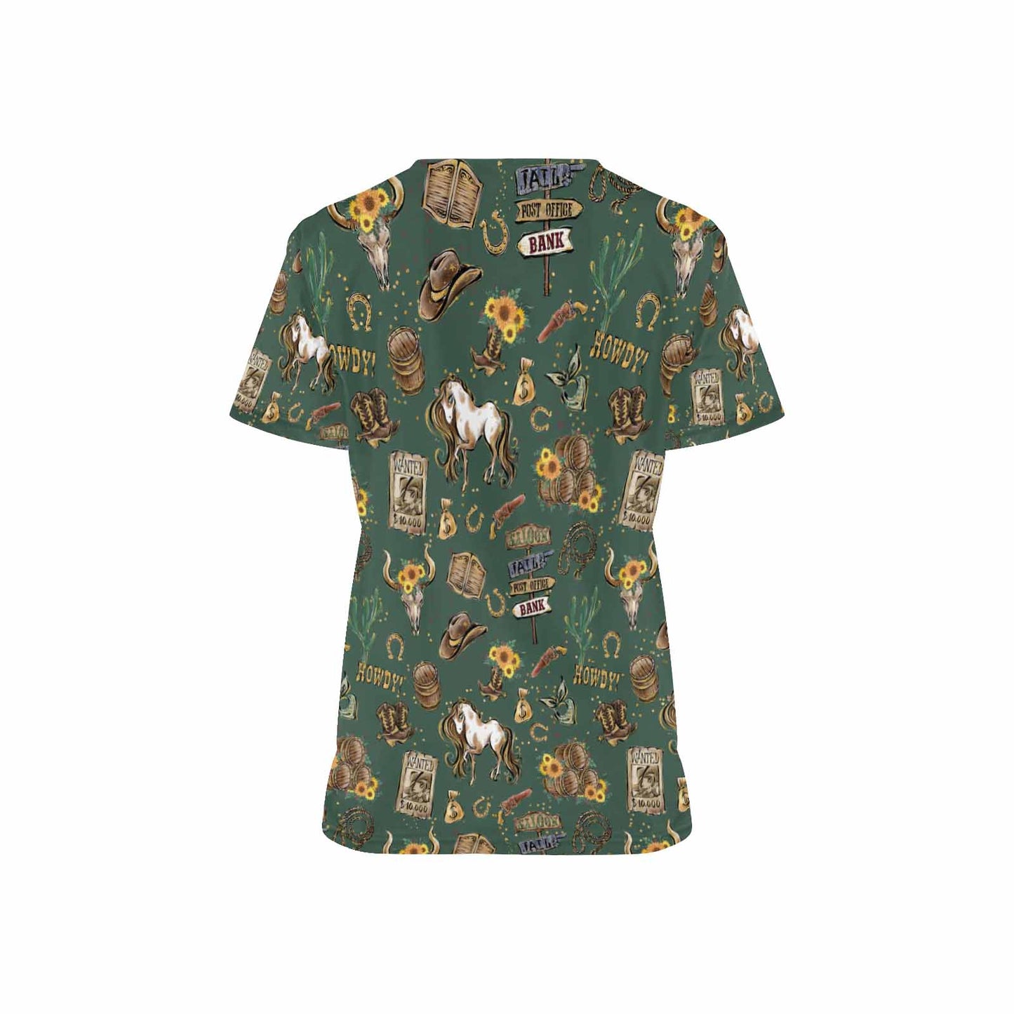 Country and Western Green Large Women's V Neck Scrub Top Nurse Uniform with Deep Front Pockets