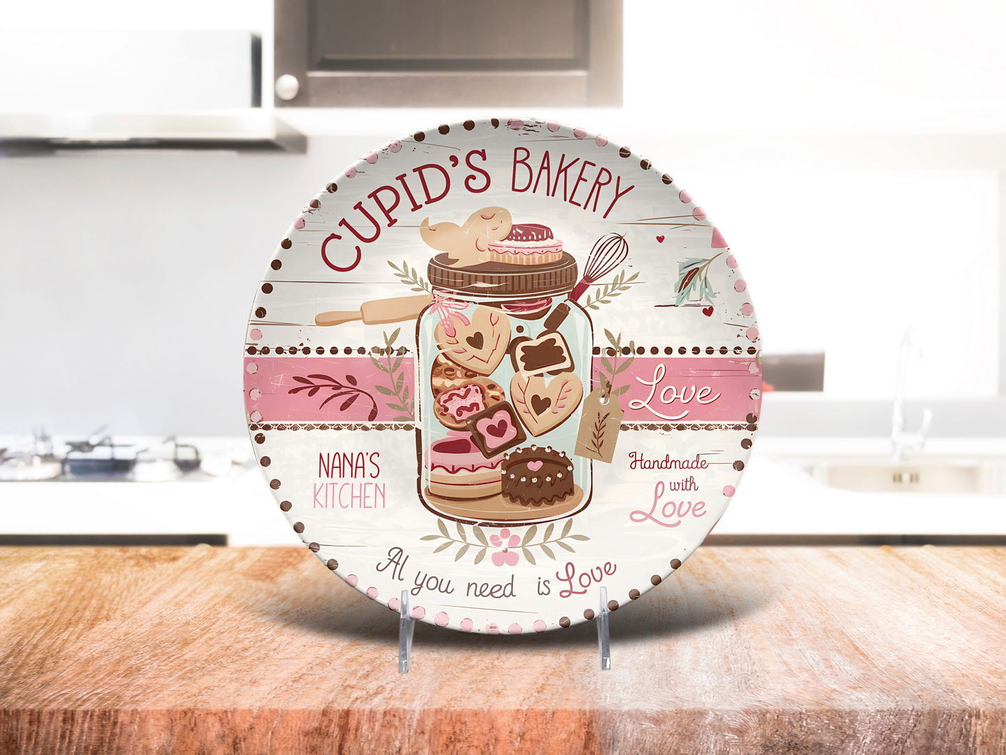 Valentine's Kitchen Decor, Personalized Love Plate, Cupid's Bakery Display, Custom Gift for Bakers, Pink Decorative Plate