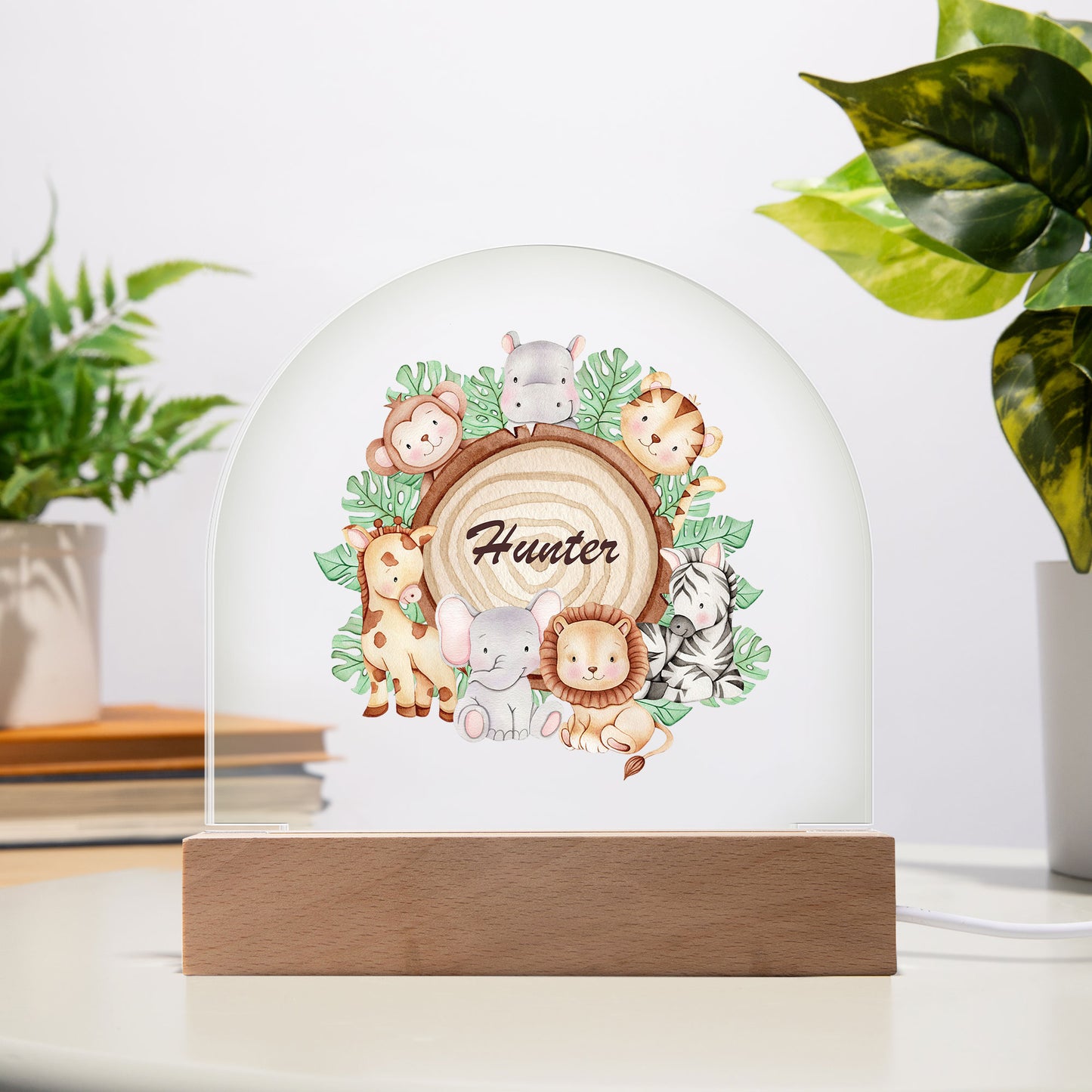 Personalised Safari Acrylic Dome Plaque Night Light, Birth Details