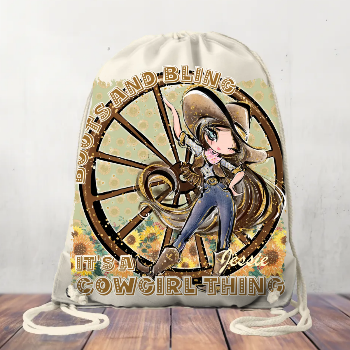 Canvas Drawstring Bag Personalised Boots and Bling It's a Cowgirl Thing