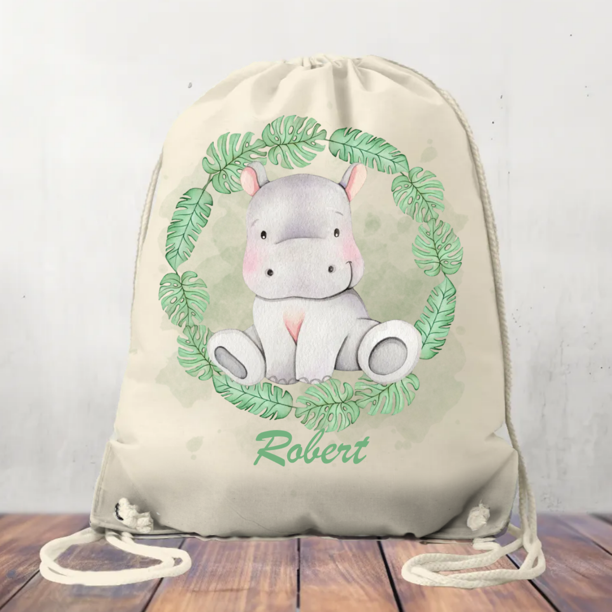 Personalised Canvas Drawstring Bag, Safari Wreath