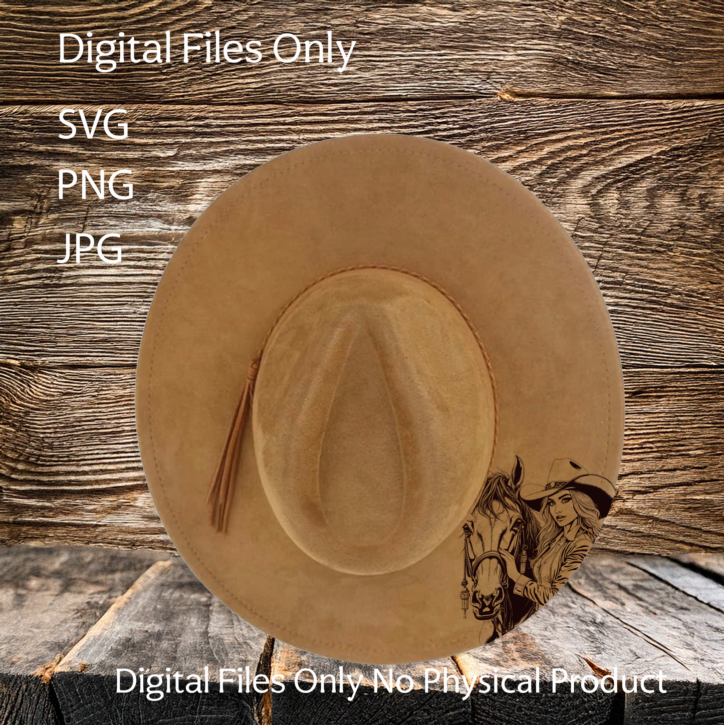 Hat Laser Burning Designs – Digital Download (SVG, PNG, JPG 300dpi), Girl and Horse, 2042
