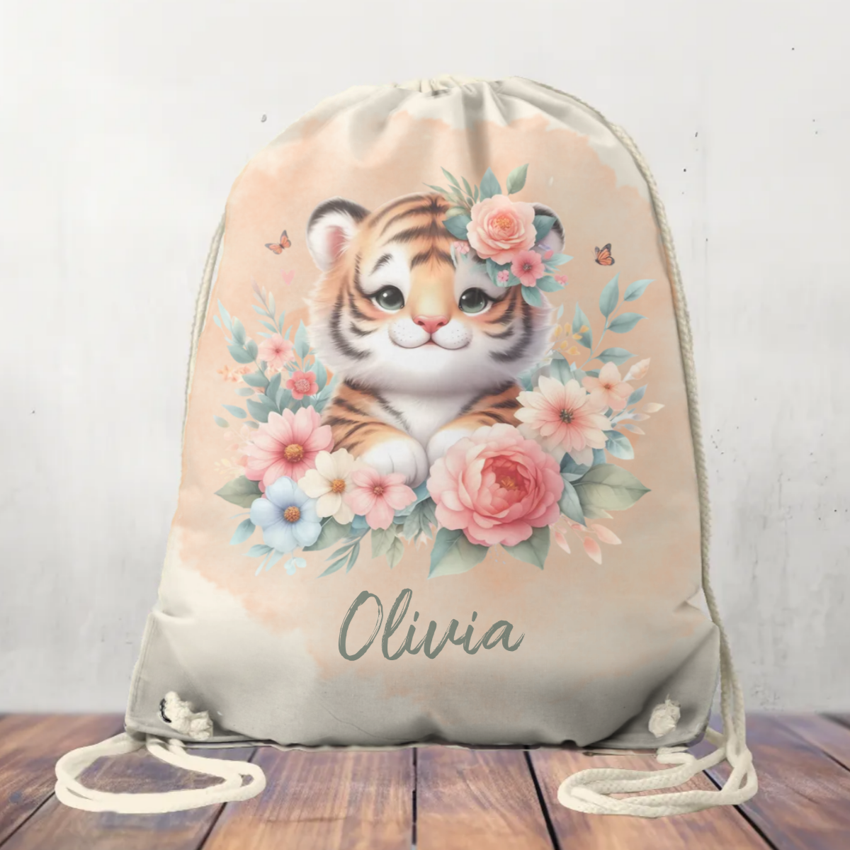 Personalised Canvas Drawstring Bag Tiger Floral