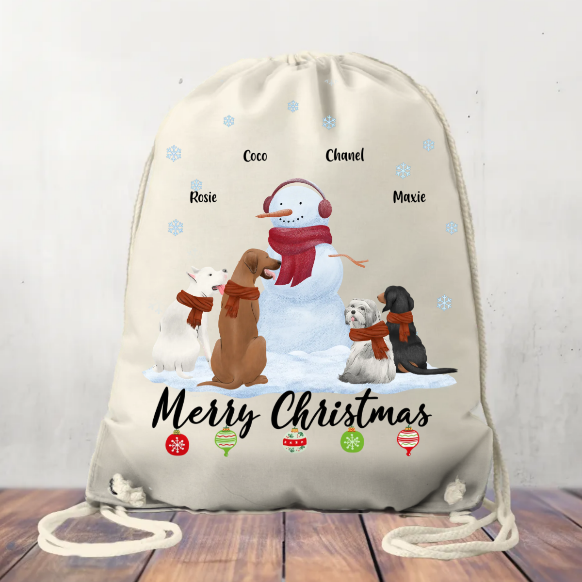 Canvas Drawstring Bag Merry Christmas Snowman and Pets