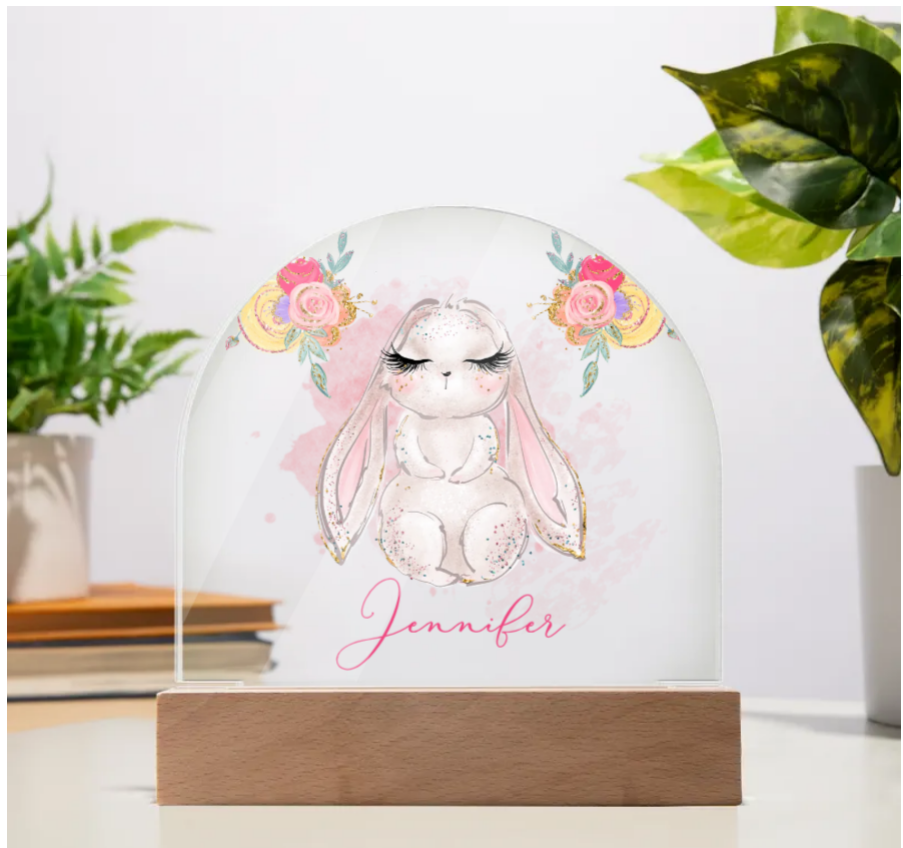 Personalised Rabbit Acrylic Dome Plaque - Wooden Base - Night Light