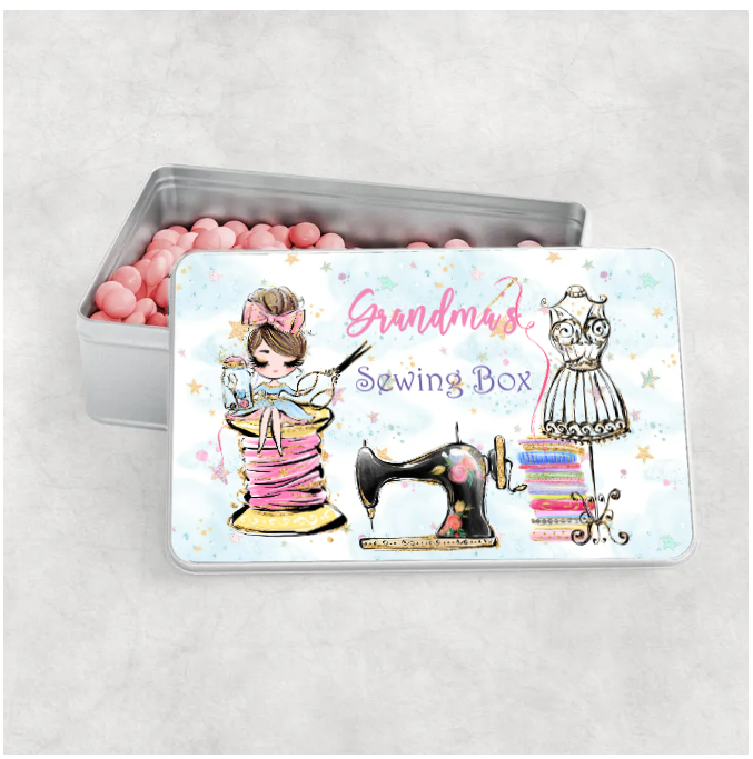 Personalised Storage Tin, Sewing Box, Girl sitting on reel Aluminium Tin