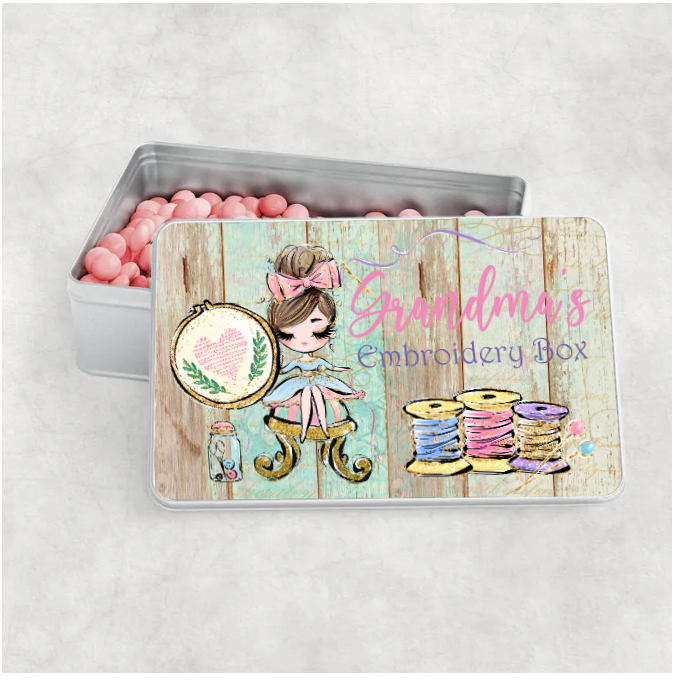 Personalised Storage Tin, Sweet Treats, Sewing, Embroidery Designs