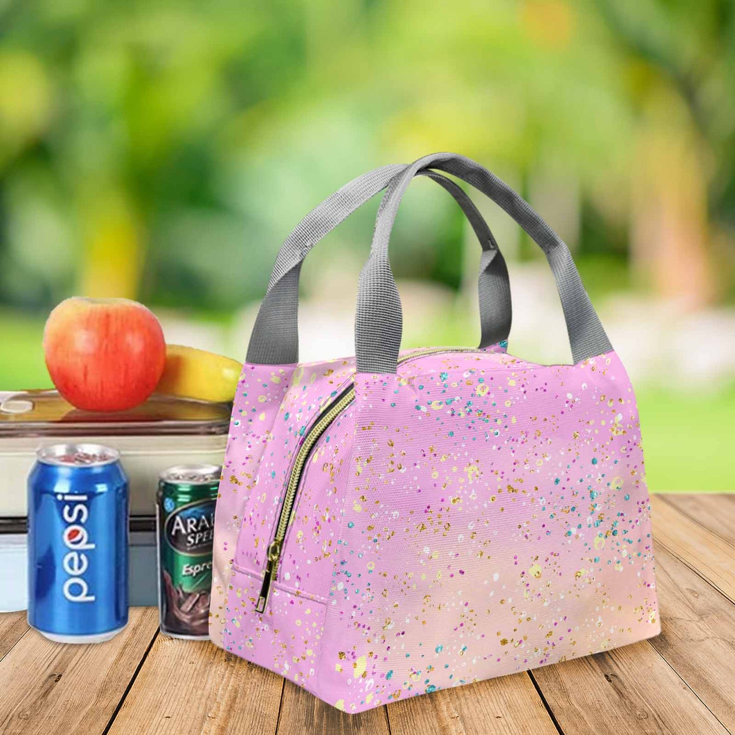 Pink Splash Portable Lunch Bag-Grey Handle
