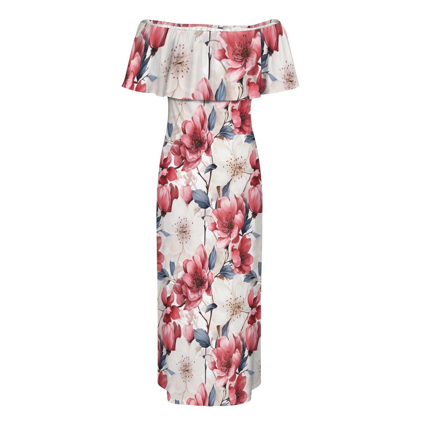 Pink Floral Small Women's Off Shoulder Ruffle Boat Neck Dress (Model D71)