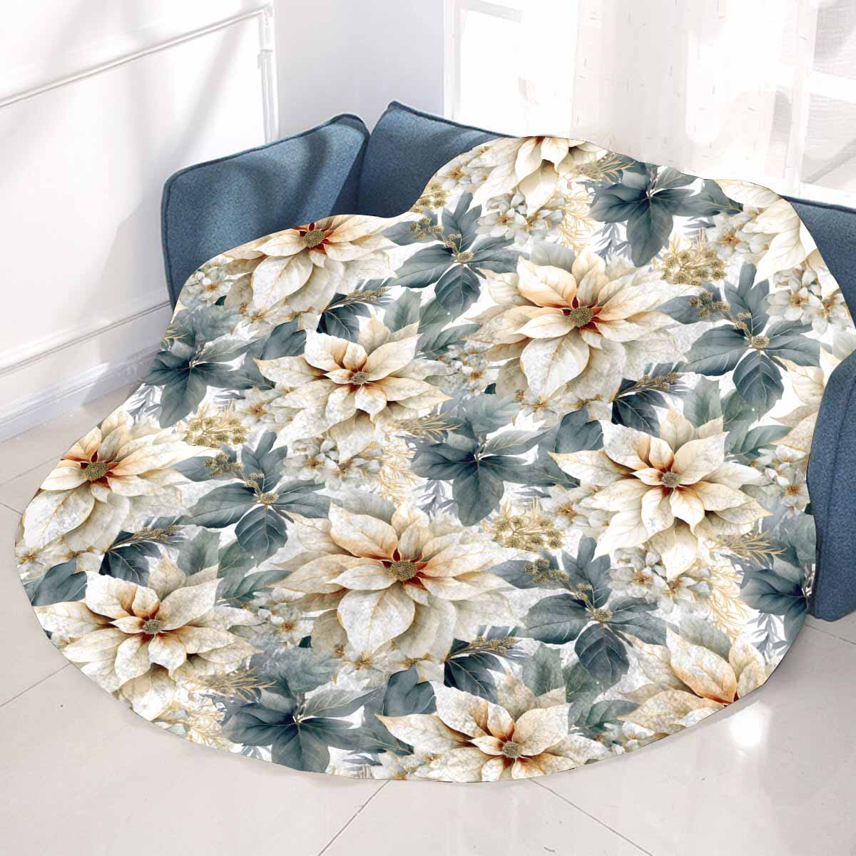 Cream Poinsettia Circular Micro Fleece Blanket 60"