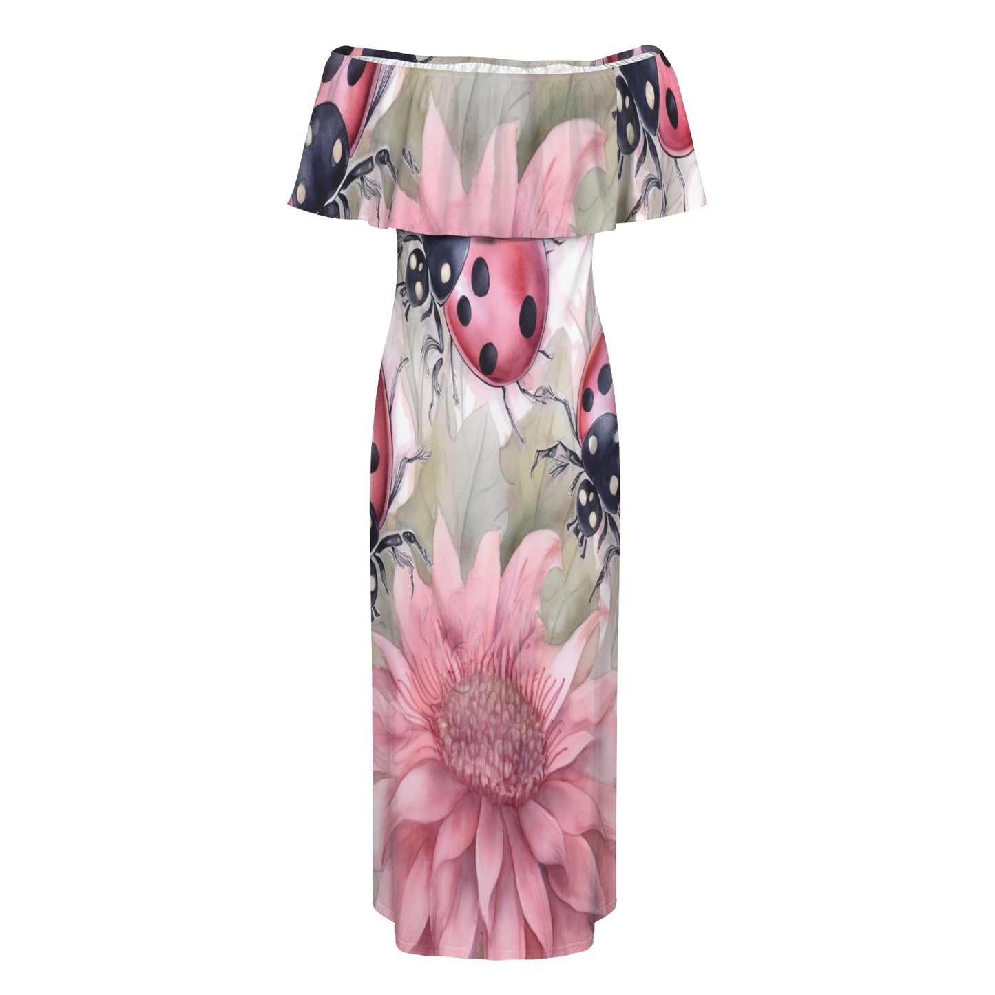 Floral Lady Birds awd332 Women's Off Shoulder Ruffle Boat Neck Dress (Model D71)