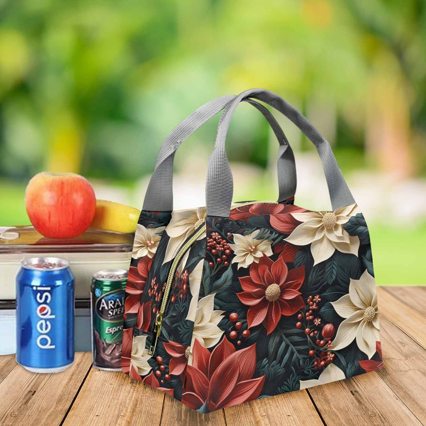 Red Poinsettia Portable Lunch Bag-Grey Handle