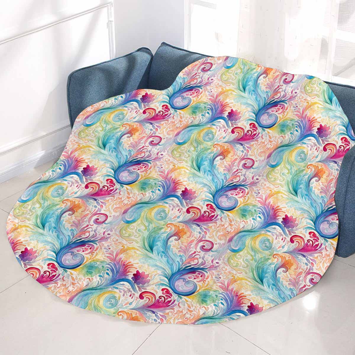 Pastel Rainbow Paisley Circular Micro Fleece Blanket 47"