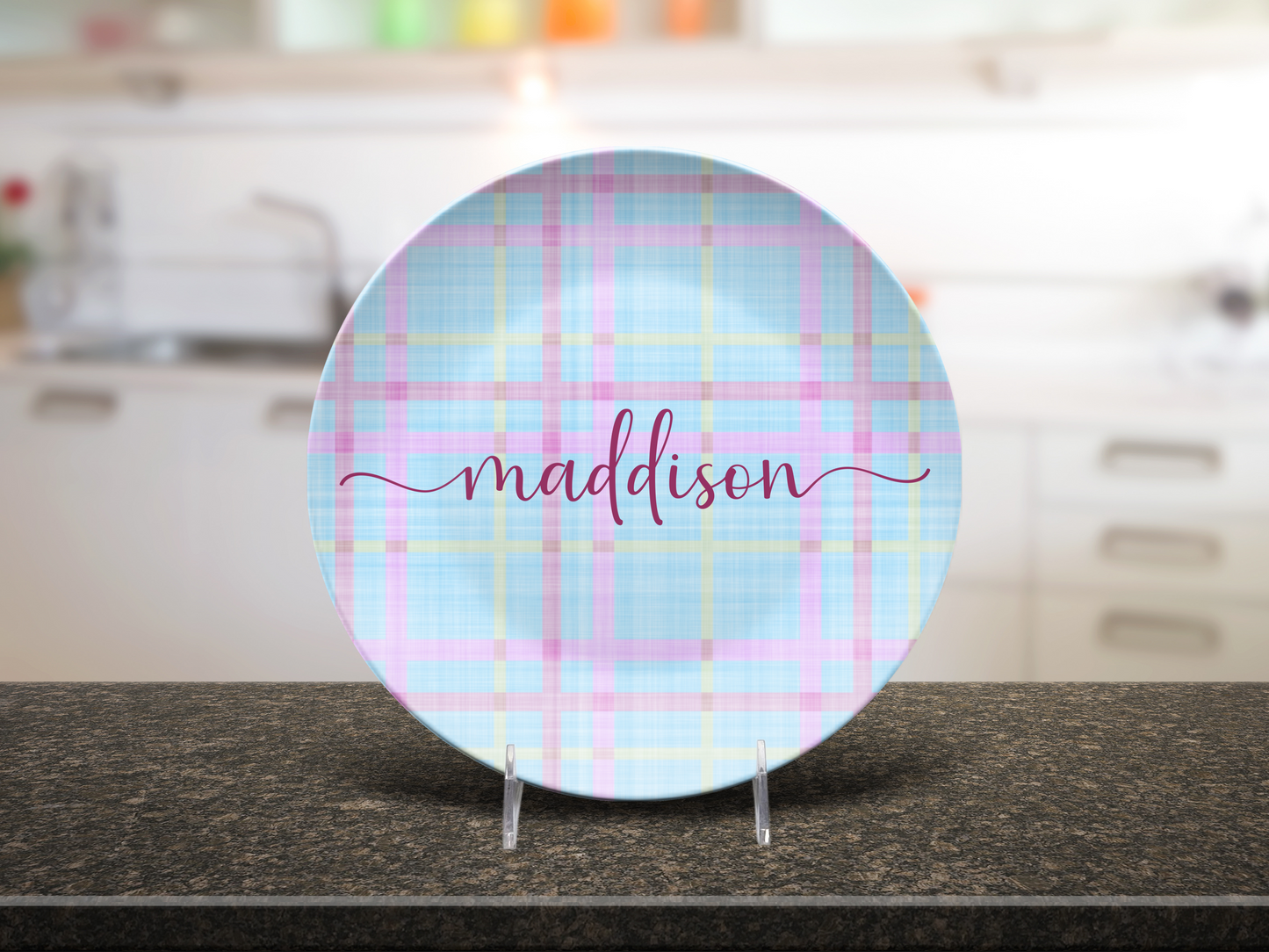 Blue Pink Pastel Plaid Personalised Plate