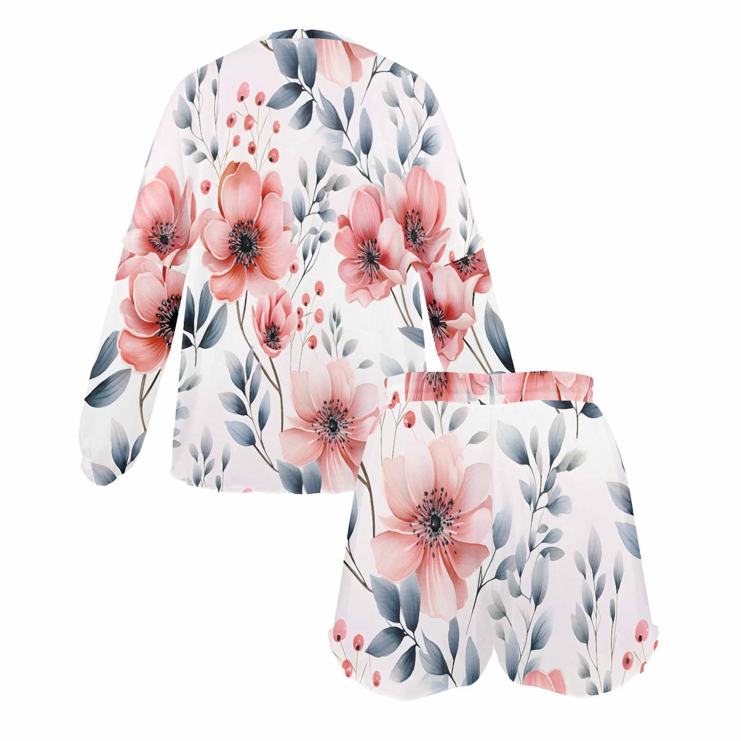 Apricot and Grey Floral Women's Long Sleeve Pajama Set with Shorts