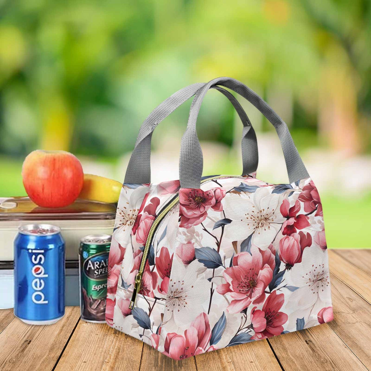 Pink Floral Small Portable Lunch Bag-Grey Handle