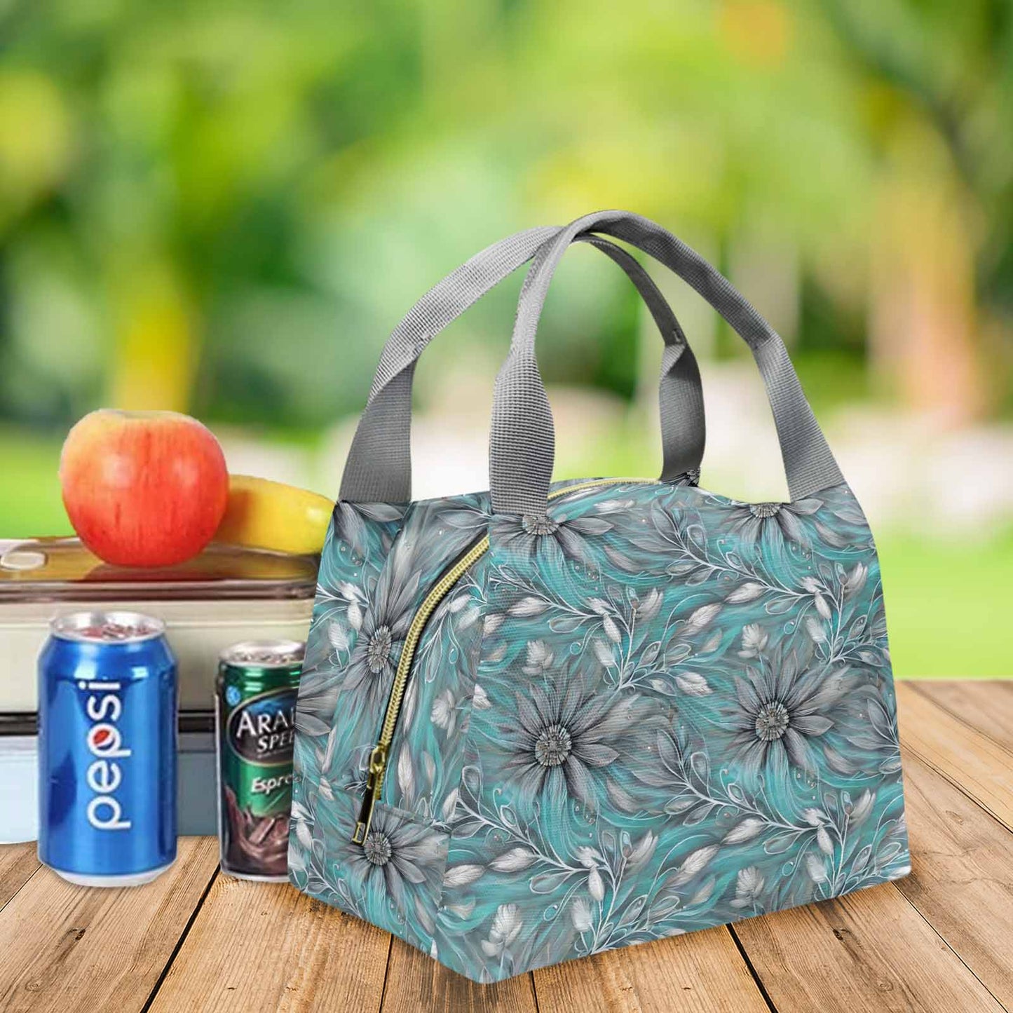 Green Elegant Floral 25 Portable Lunch Bag-Grey Handle