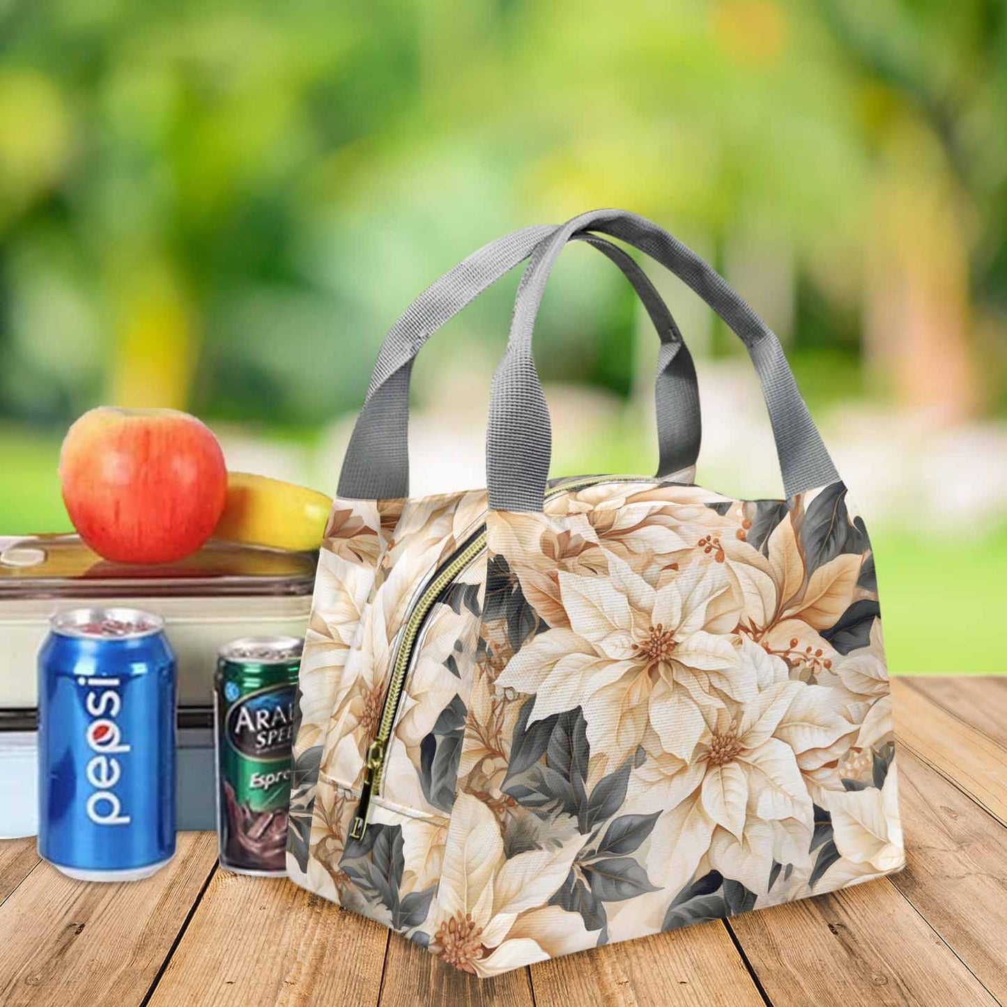 Cream Poinsettia2 Portable Lunch Bag-Grey Handle