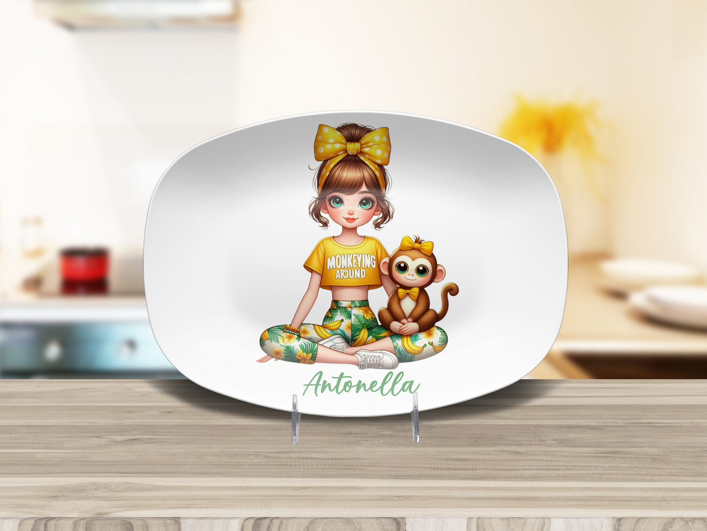 Personalized Kids Dinner Plate, Child's Cartoon Plate, Custom Girl with Cow Design, Nursery Room Decor, Cute Toddler Gift Idea