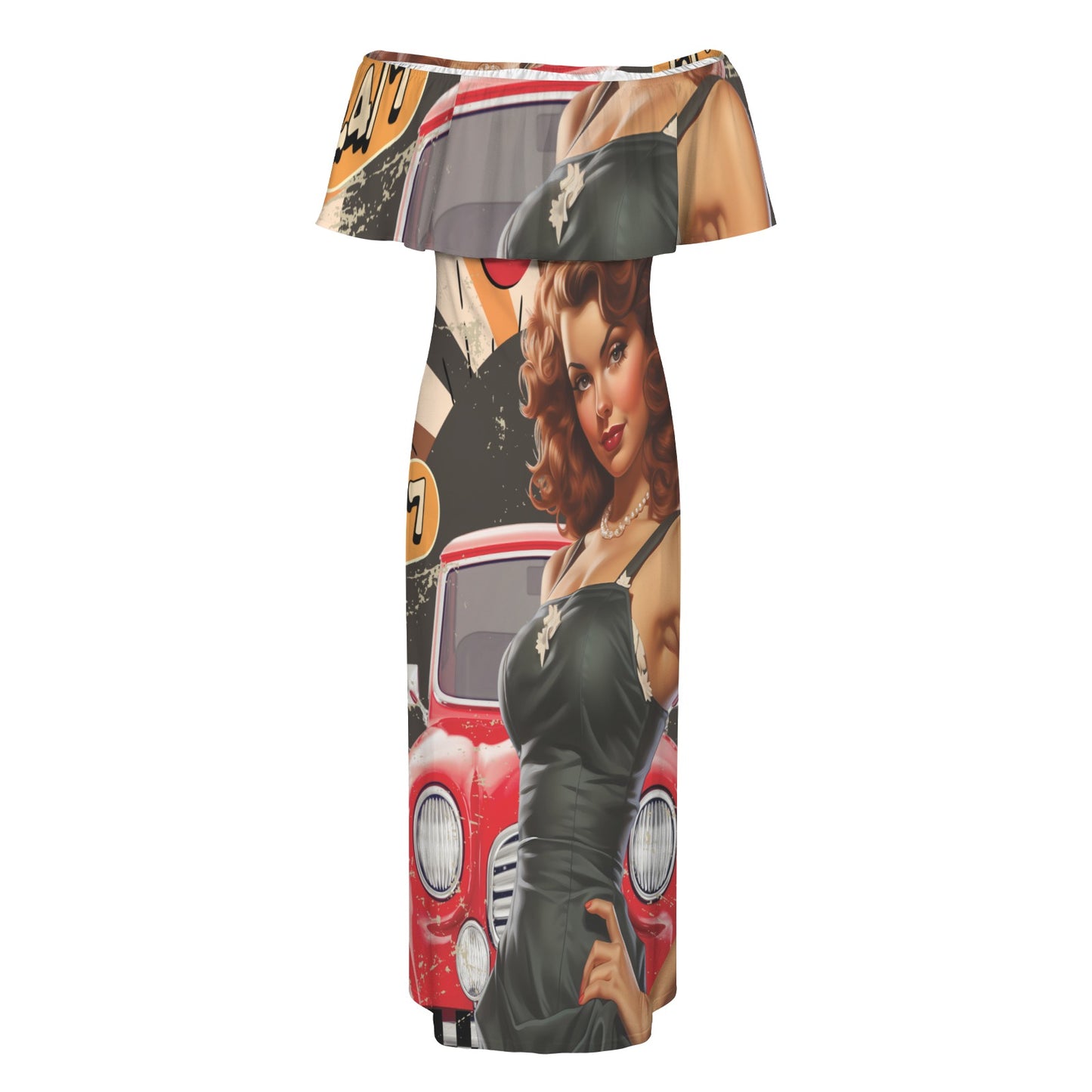 Retro Car Service awd506 Women's Off Shoulder Ruffle Boat Neck Dress (Model D71)