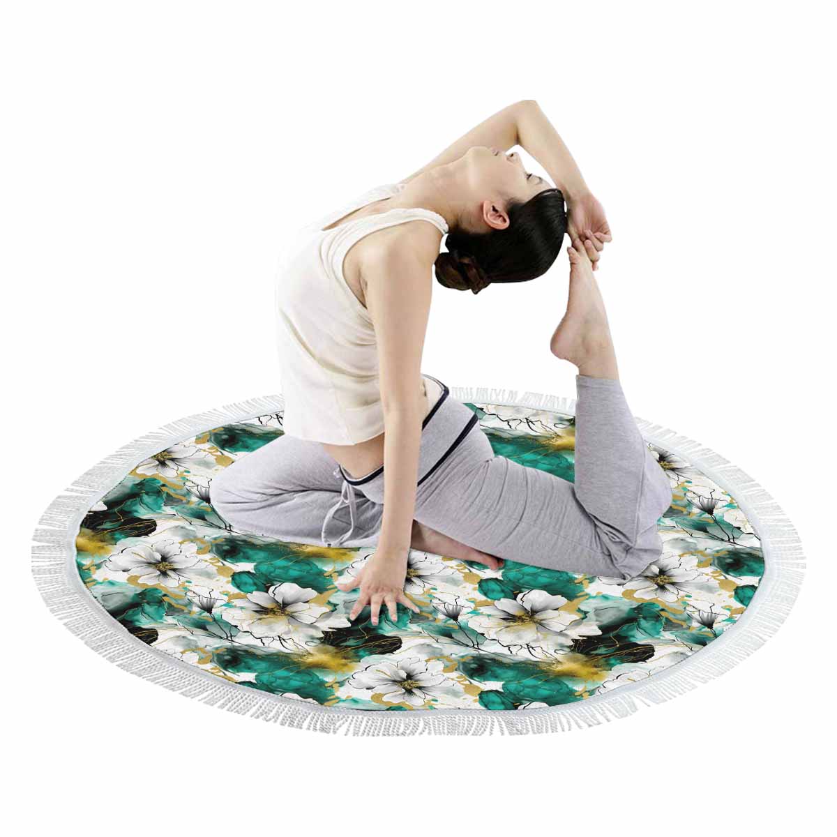 Green and White Ink Floral Circular Beach Towel Shawl 59"