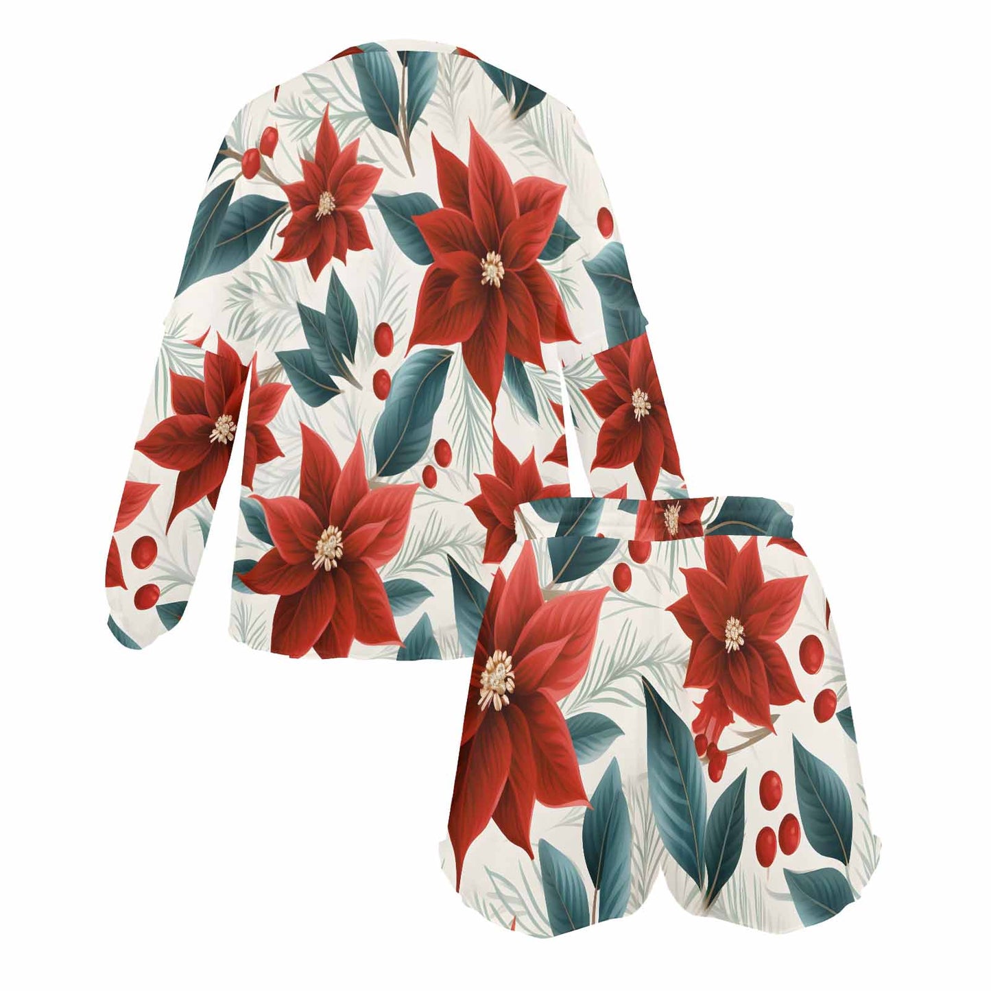 Christmas Red Poinsettia Women's Long Sleeve Pajama Set with Shorts